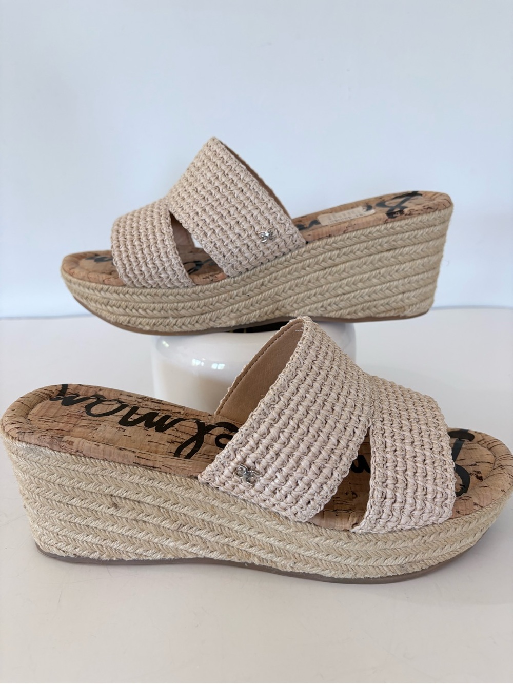 SAM EDELMAN 9.5 ROXANN Tan Upper Espadrille Slip On Wedge Sandal 3” Heel Summer